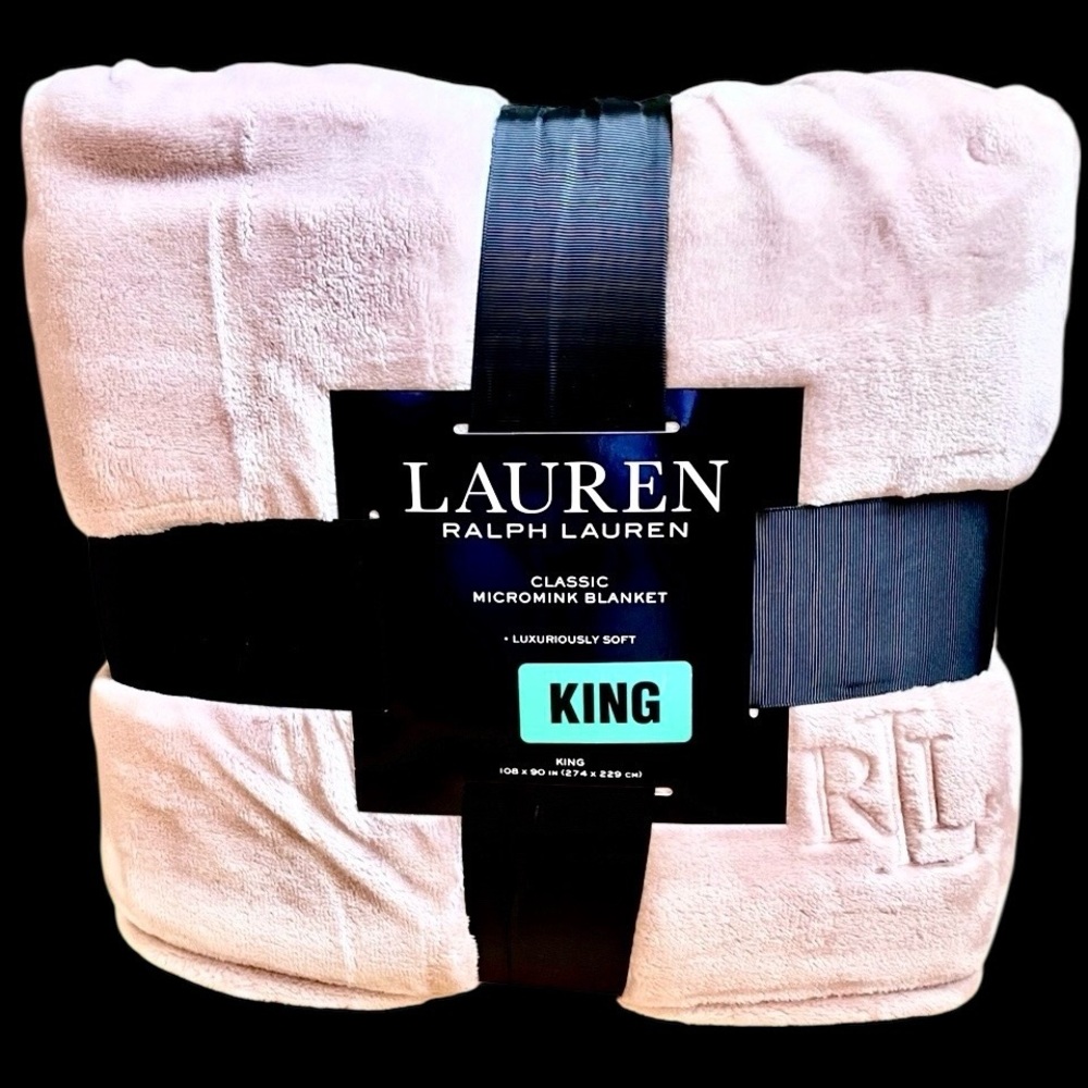 Lauren Ralph Lauren Soft Blush Pink Micromink King Blanket with Embroidered RL